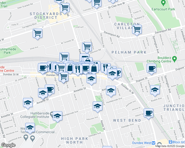 map of restaurants, bars, coffee shops, grocery stores, and more near in Toronto