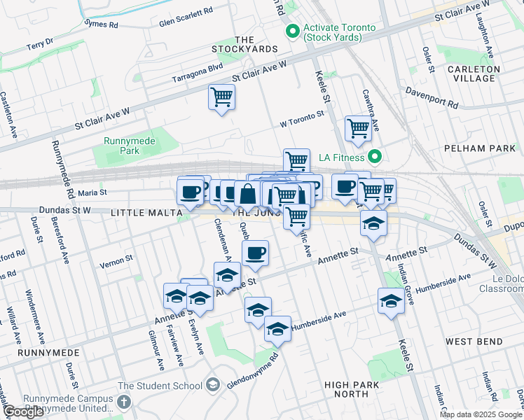 map of restaurants, bars, coffee shops, grocery stores, and more near 3042 Dundas Street West in Toronto