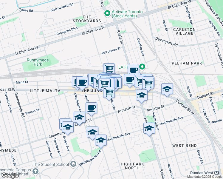 map of restaurants, bars, coffee shops, grocery stores, and more near 2968 Dundas Street West in Toronto