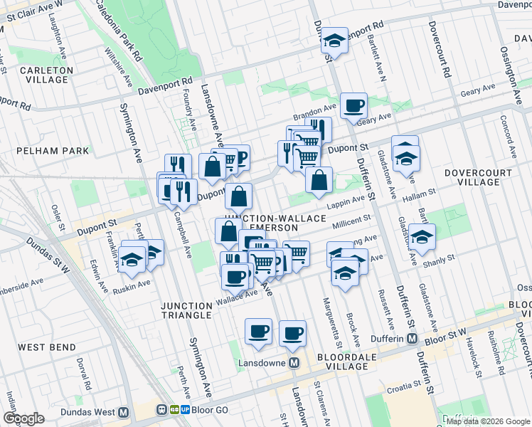 map of restaurants, bars, coffee shops, grocery stores, and more near 159 Lappin Avenue in Toronto