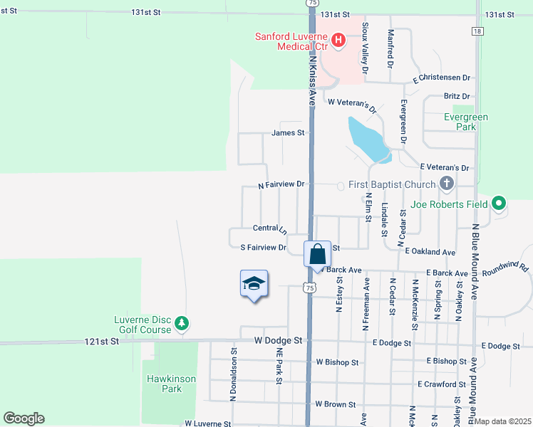 map of restaurants, bars, coffee shops, grocery stores, and more near 502 Central Lane in Luverne