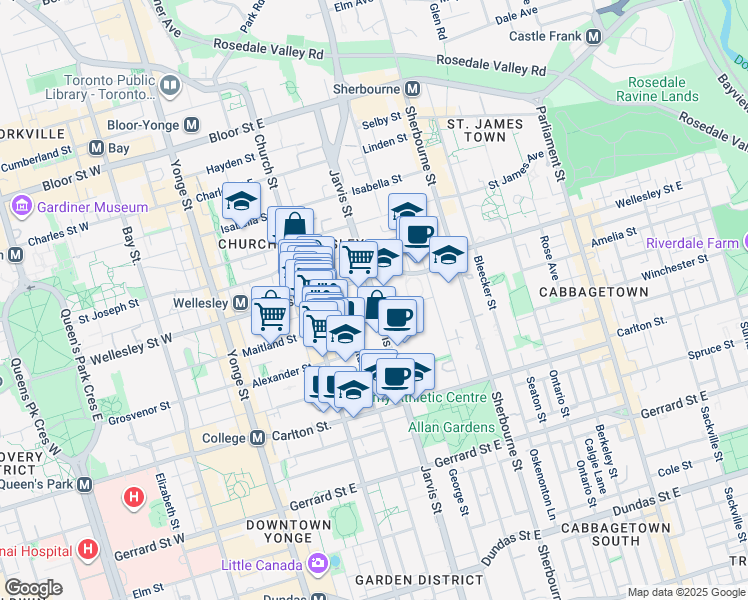 map of restaurants, bars, coffee shops, grocery stores, and more near Jarvis Street in Toronto