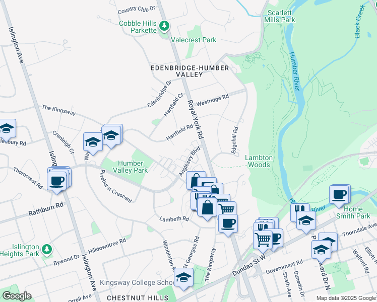 map of restaurants, bars, coffee shops, grocery stores, and more near 12 Anglesey Boulevard in Toronto