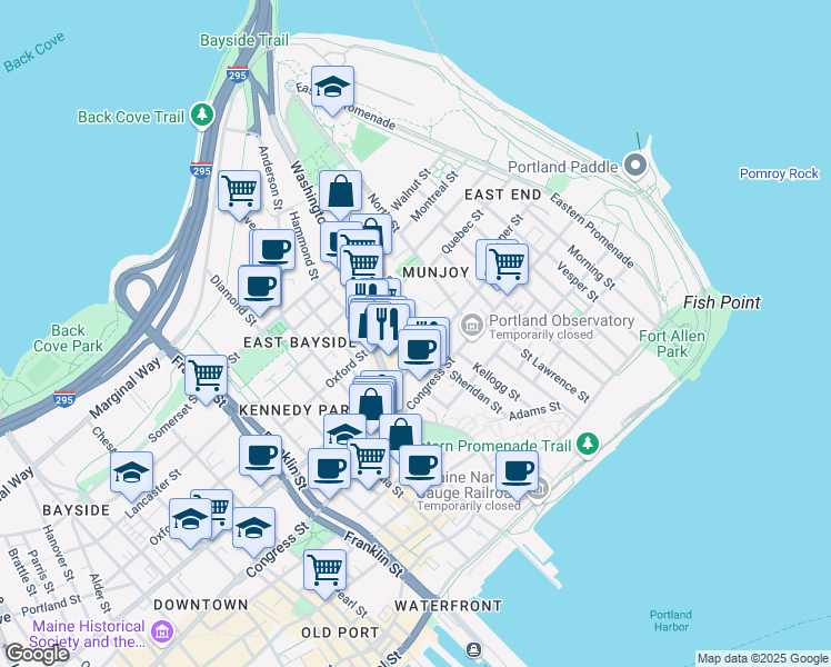 map of restaurants, bars, coffee shops, grocery stores, and more near 100 Sheridan Street in Portland