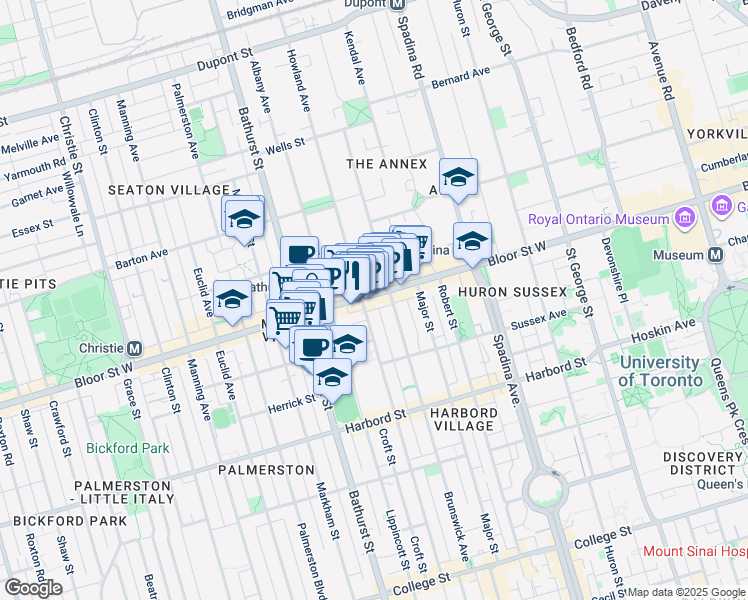 map of restaurants, bars, coffee shops, grocery stores, and more near 501 Bloor Street West in Toronto