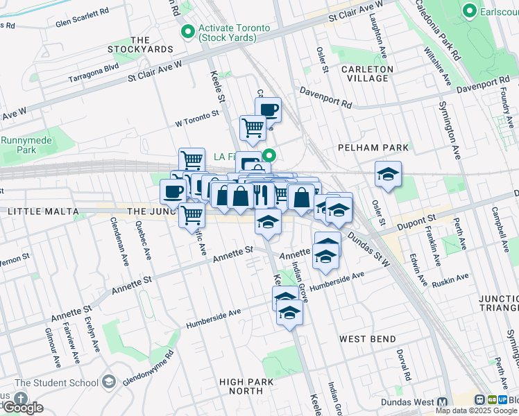 map of restaurants, bars, coffee shops, grocery stores, and more near 2852 Dundas Street West in Toronto