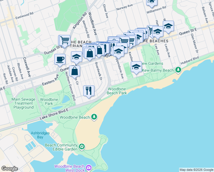 map of restaurants, bars, coffee shops, grocery stores, and more near 1852 Lake Shore Boulevard East in Toronto