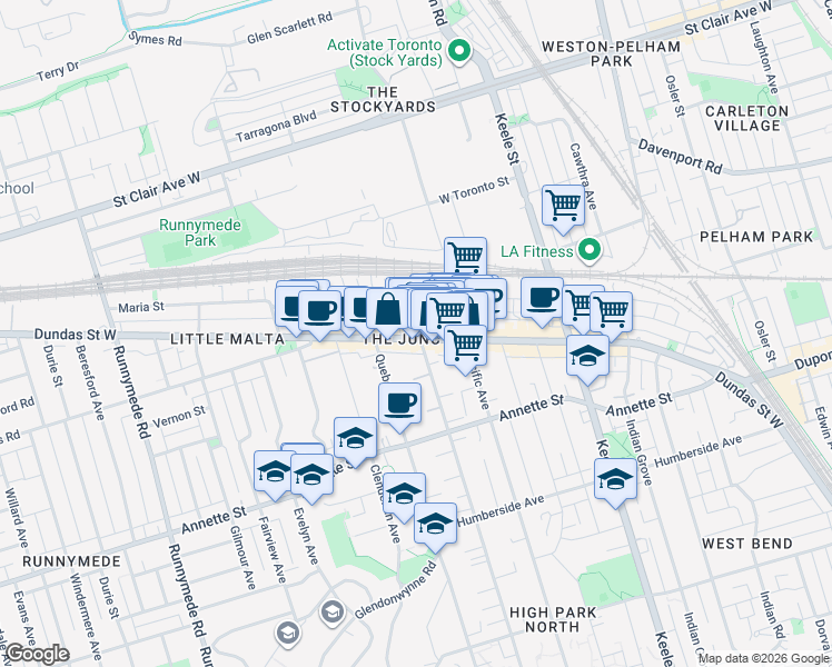 map of restaurants, bars, coffee shops, grocery stores, and more near 3032 Dundas Street West in Toronto