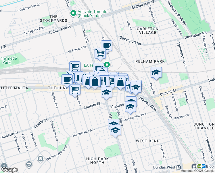 map of restaurants, bars, coffee shops, grocery stores, and more near 2828 Dundas Street West in Toronto