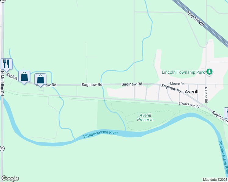 map of restaurants, bars, coffee shops, grocery stores, and more near 430 Saginaw Road in Sanford