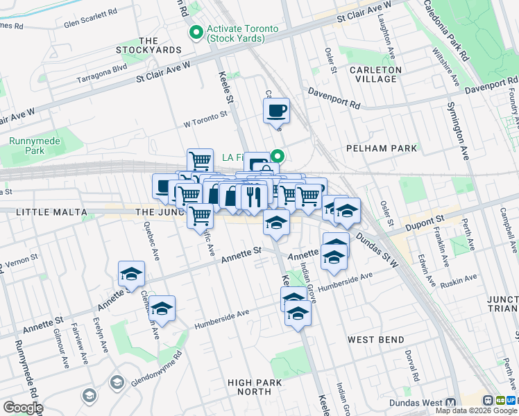 map of restaurants, bars, coffee shops, grocery stores, and more near 2870 Dundas Street West in Toronto