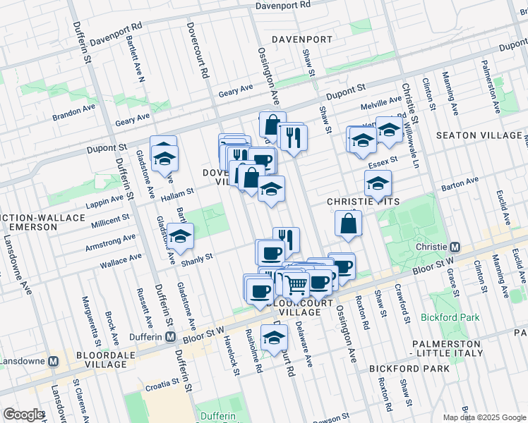 map of restaurants, bars, coffee shops, grocery stores, and more near 350 Delaware Avenue in Toronto