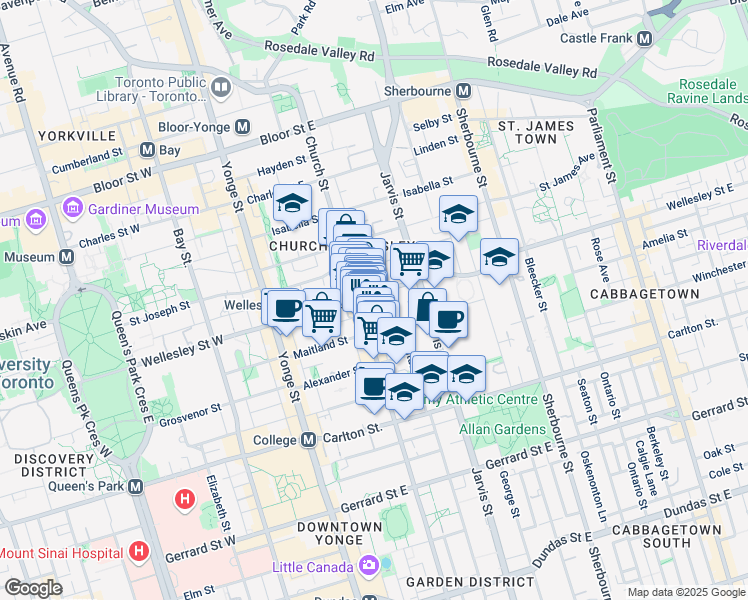 map of restaurants, bars, coffee shops, grocery stores, and more near 84 Maitland Street in Toronto
