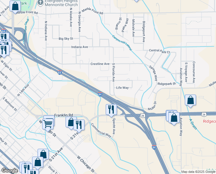 map of restaurants, bars, coffee shops, grocery stores, and more near 608 Rooster Lane in Caldwell