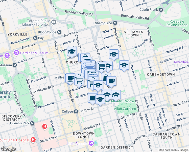 map of restaurants, bars, coffee shops, grocery stores, and more near 85 Wellesley Street East in Toronto