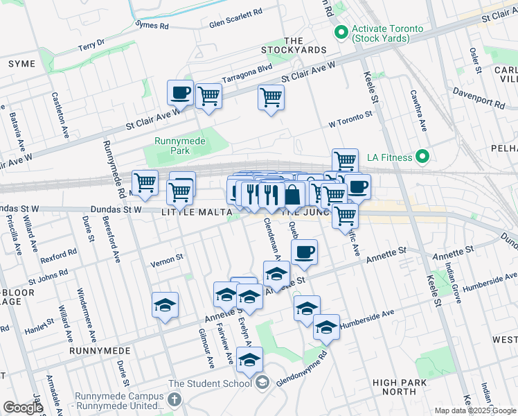map of restaurants, bars, coffee shops, grocery stores, and more near in Toronto