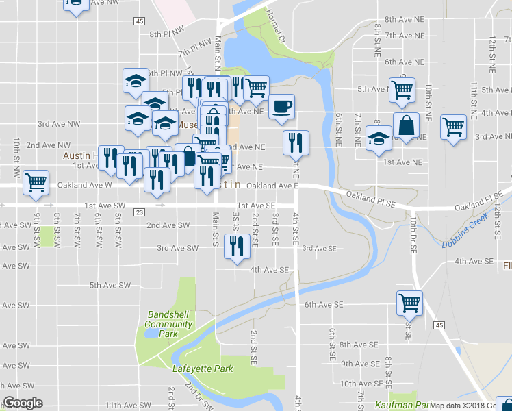 map of restaurants, bars, coffee shops, grocery stores, and more near 209 1st Avenue Southeast in Austin