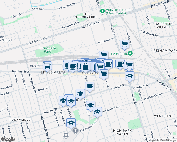 map of restaurants, bars, coffee shops, grocery stores, and more near 3052 Dundas Street West in Toronto