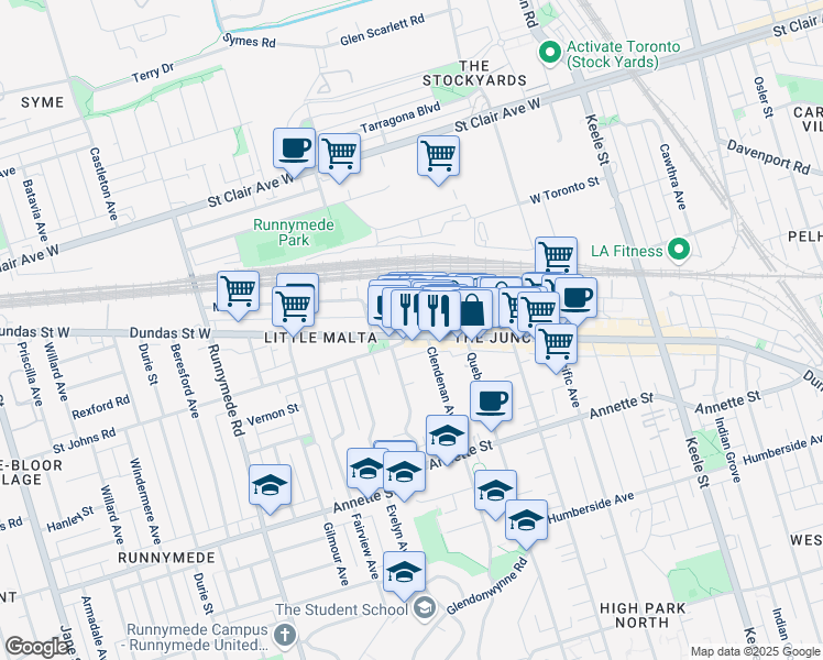 map of restaurants, bars, coffee shops, grocery stores, and more near 3130 Dundas Street West in Toronto