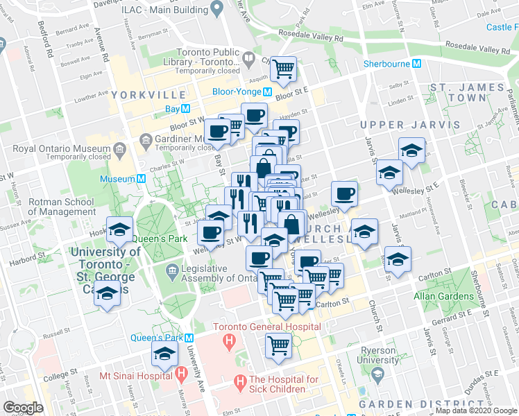 map of restaurants, bars, coffee shops, grocery stores, and more near 11 Saint Joseph Street in Toronto