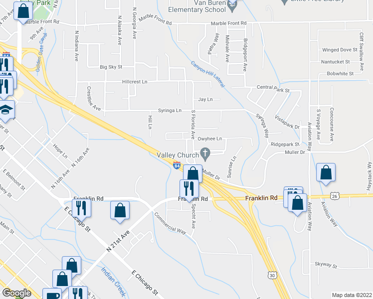 map of restaurants, bars, coffee shops, grocery stores, and more near 510 Rooster Lane in Caldwell