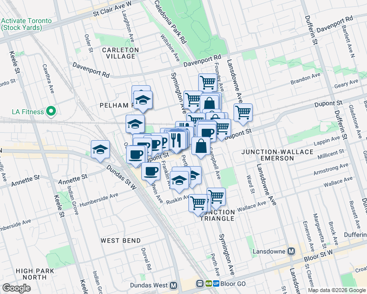 map of restaurants, bars, coffee shops, grocery stores, and more near 1538 Dupont Street in Toronto