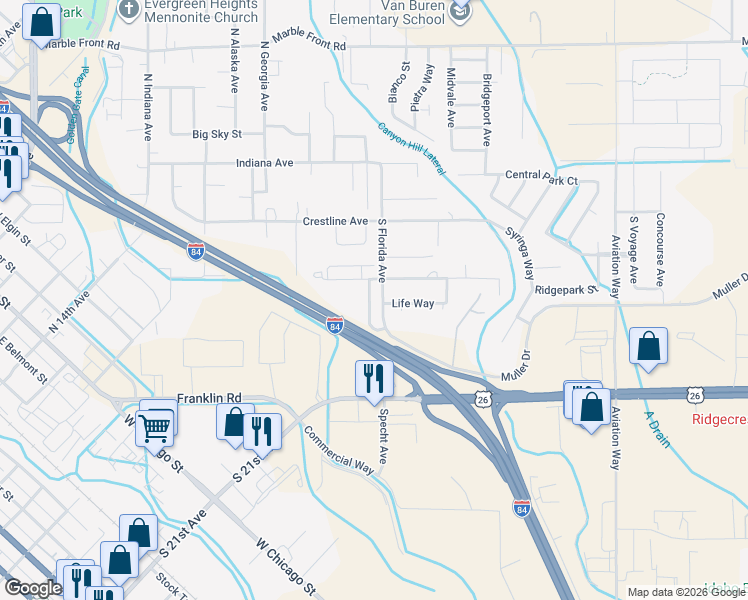 map of restaurants, bars, coffee shops, grocery stores, and more near 608 Rooster Lane in Caldwell