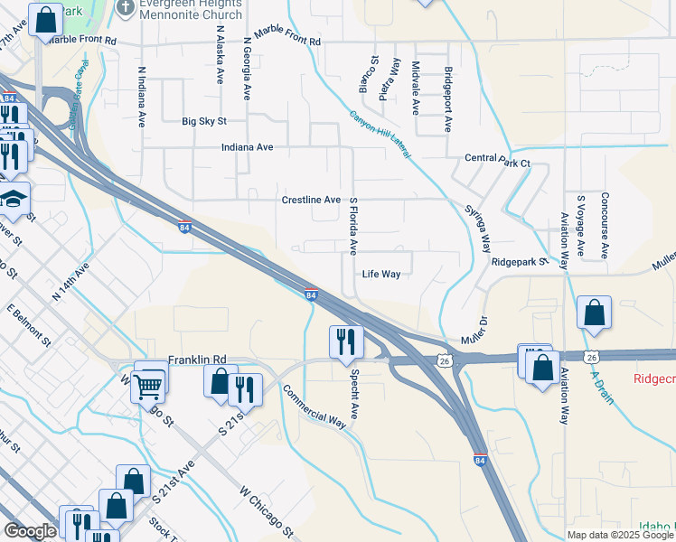 map of restaurants, bars, coffee shops, grocery stores, and more near 608 Rooster Lane in Caldwell