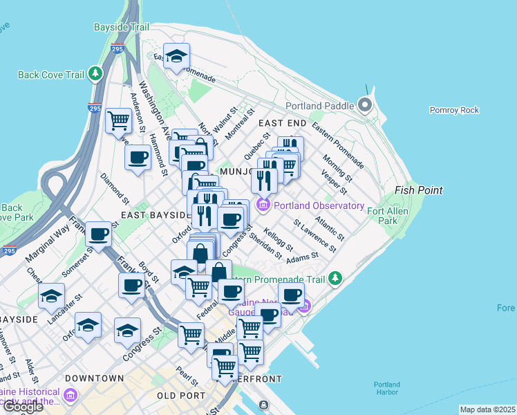 map of restaurants, bars, coffee shops, grocery stores, and more near 65 Monument Street in Portland