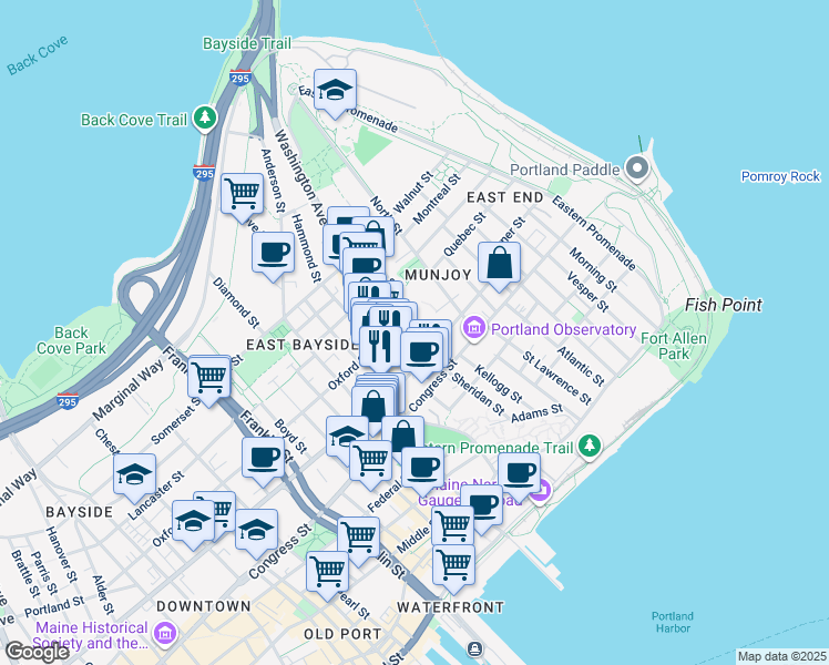 map of restaurants, bars, coffee shops, grocery stores, and more near 10 Romasco Lane in Portland