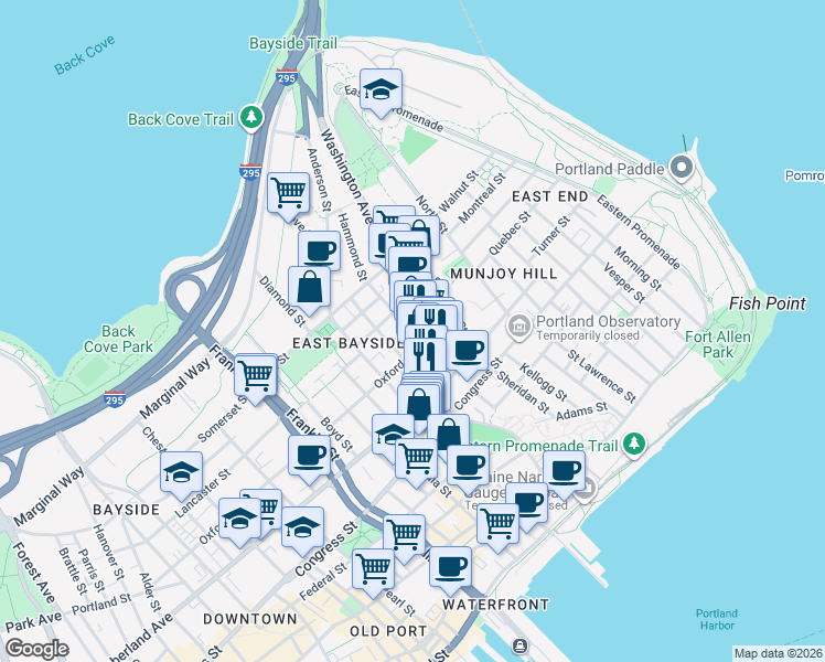 map of restaurants, bars, coffee shops, grocery stores, and more near 76 Washington Avenue in Portland