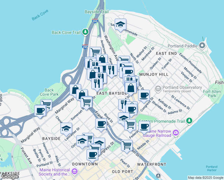 map of restaurants, bars, coffee shops, grocery stores, and more near 5 Kennedy Park in Portland
