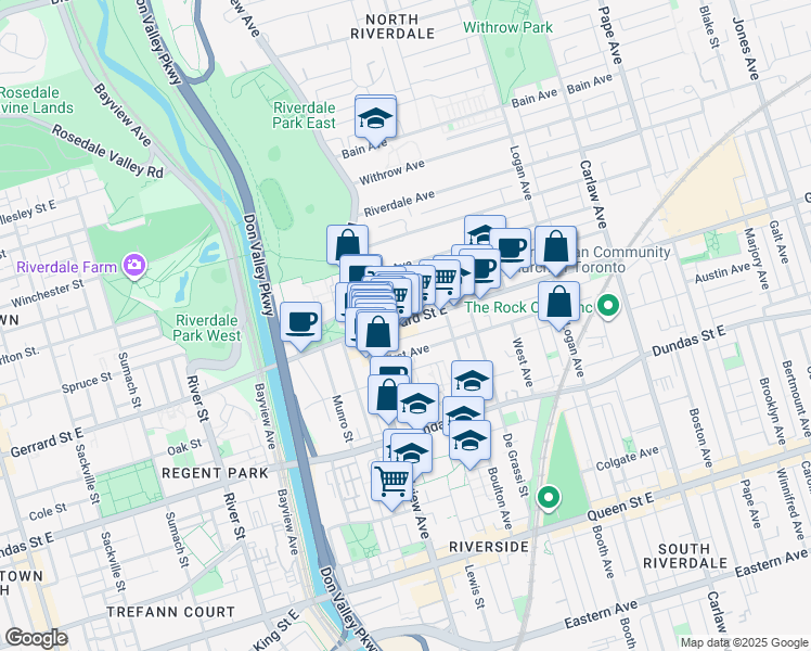 map of restaurants, bars, coffee shops, grocery stores, and more near in Toronto