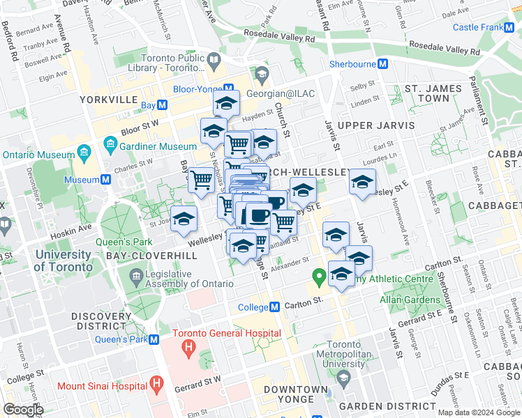 map of restaurants, bars, coffee shops, grocery stores, and more near in Toronto