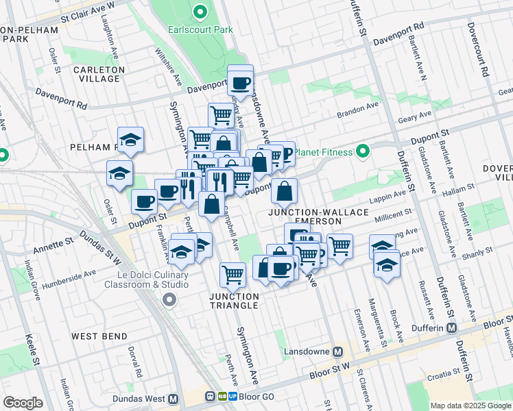 map of restaurants, bars, coffee shops, grocery stores, and more near in Toronto