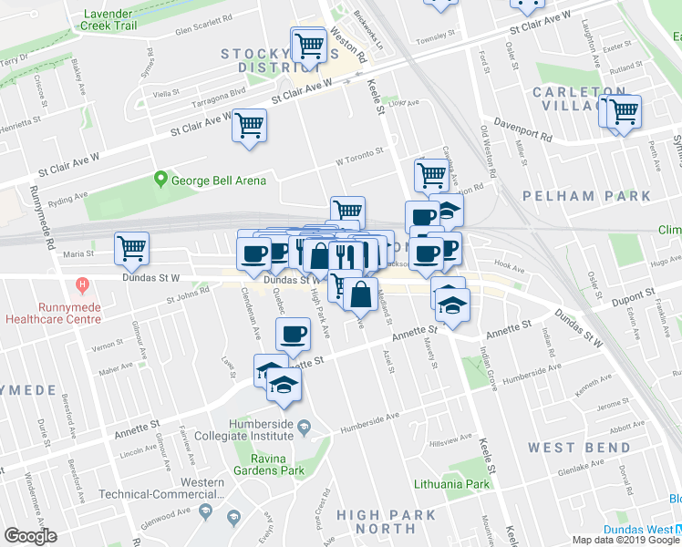 map of restaurants, bars, coffee shops, grocery stores, and more near in Toronto