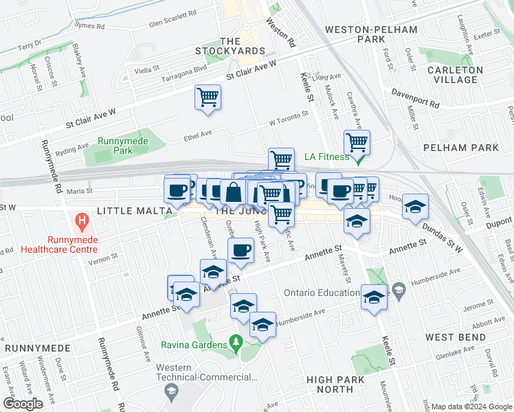 map of restaurants, bars, coffee shops, grocery stores, and more near in Toronto