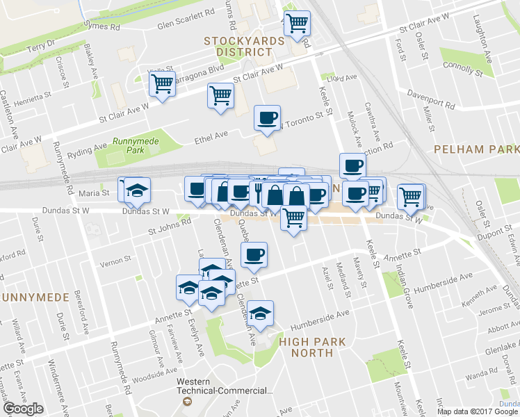 map of restaurants, bars, coffee shops, grocery stores, and more near in Toronto