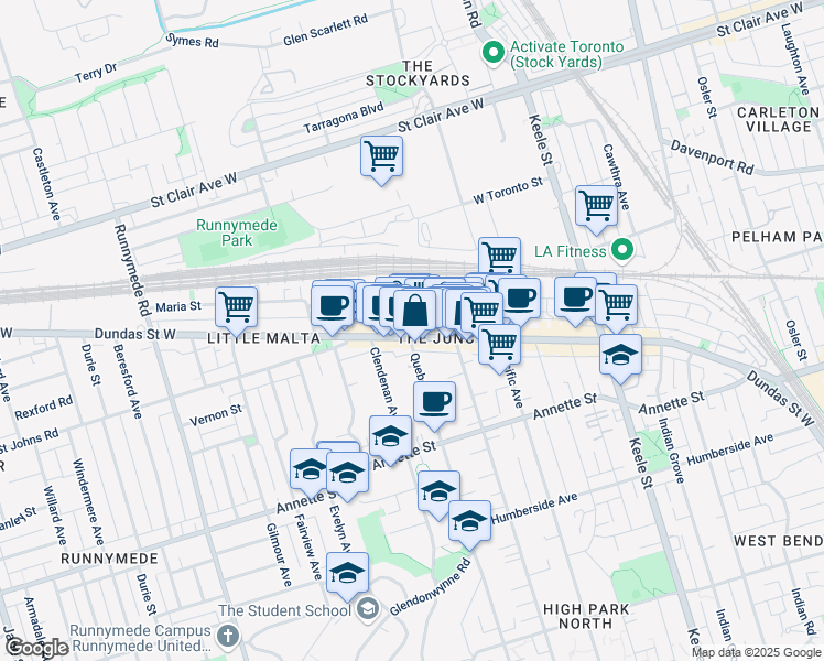 map of restaurants, bars, coffee shops, grocery stores, and more near in Toronto