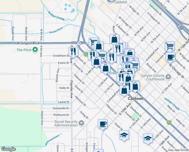 map of restaurants, bars, coffee shops, grocery stores, and more near 422 Dearborn Street in Caldwell