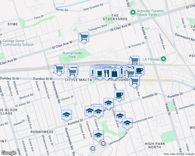 map of restaurants, bars, coffee shops, grocery stores, and more near 3142 Dundas Street West in Toronto