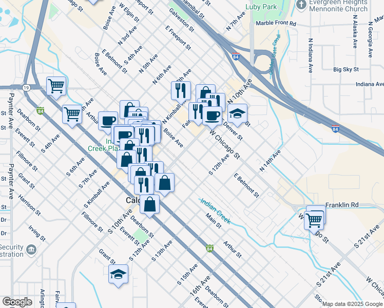 map of restaurants, bars, coffee shops, grocery stores, and more near 1015 Albany Street in Caldwell