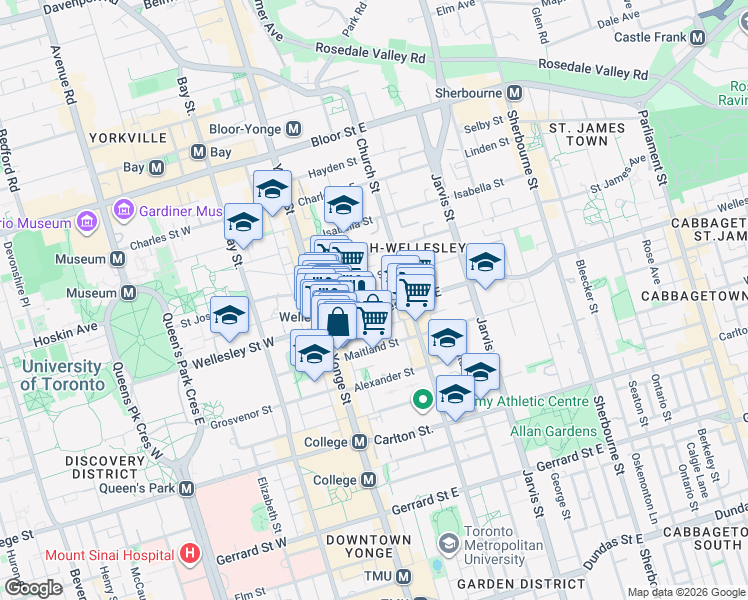 map of restaurants, bars, coffee shops, grocery stores, and more near 50 Wellesley Street East in Toronto