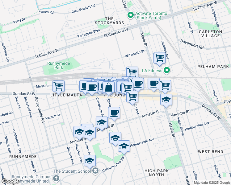 map of restaurants, bars, coffee shops, grocery stores, and more near in Toronto