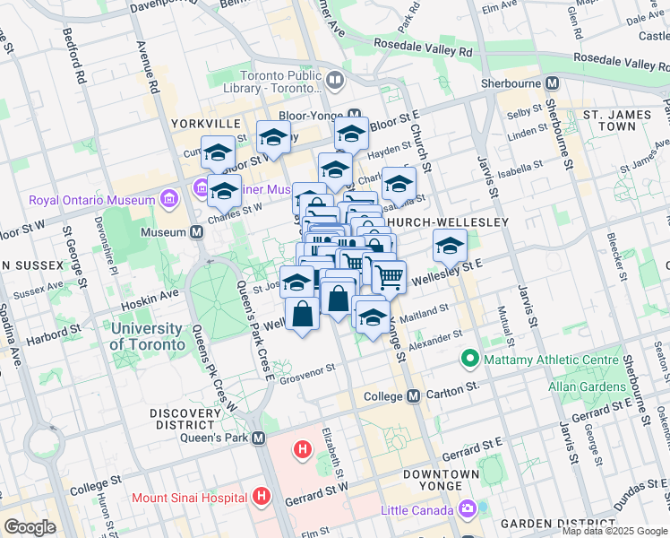 map of restaurants, bars, coffee shops, grocery stores, and more near 1033 Bay Street in Toronto