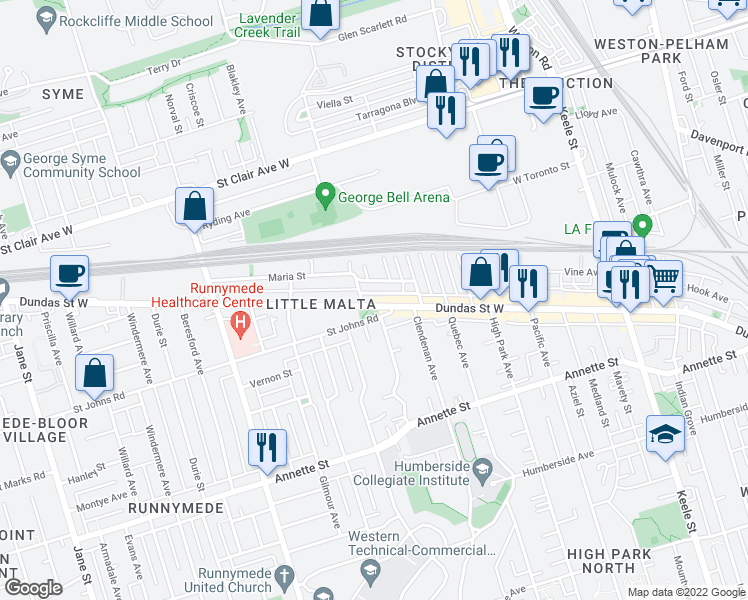 map of restaurants, bars, coffee shops, grocery stores, and more near 3164 Dundas Street West in Toronto
