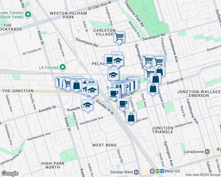 map of restaurants, bars, coffee shops, grocery stores, and more near 49 Osler Street in Toronto