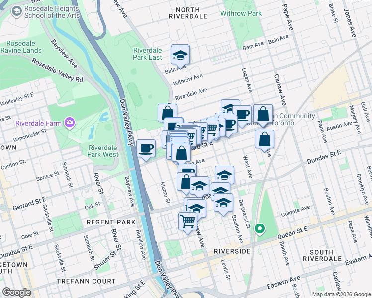 map of restaurants, bars, coffee shops, grocery stores, and more near 606 Gerrard Street East in Toronto