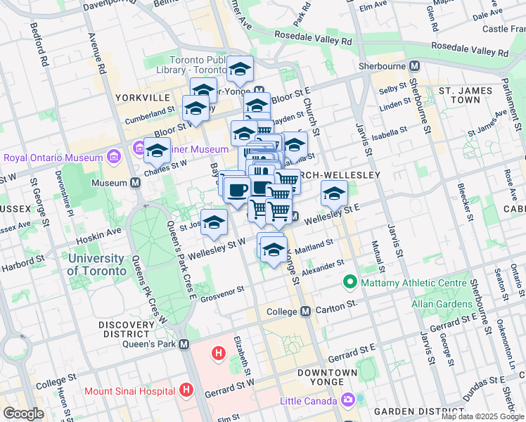 map of restaurants, bars, coffee shops, grocery stores, and more near 5 Saint Joseph Street in Toronto