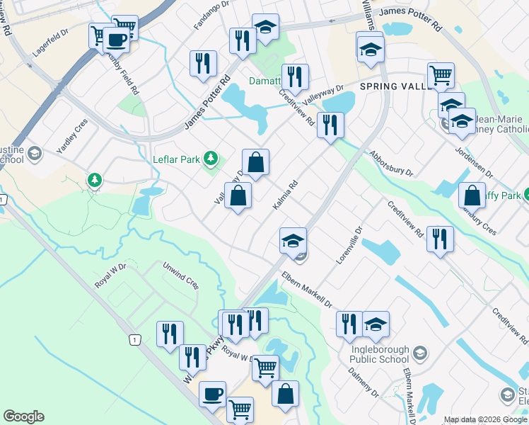 map of restaurants, bars, coffee shops, grocery stores, and more near 28 Kalmia Road in Brampton